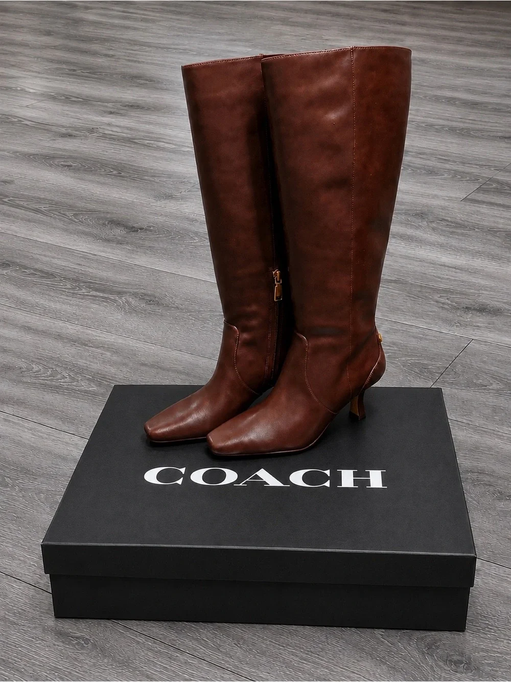 NIB COACH Sculpt C Knee-High Leather Boots Maple Brown Size 6.5